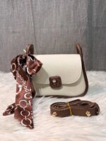 Trendy Mini Crossbody Bag for Women with Silk Scarf – Stylish Flap Shoulder Purse in Cream, Beige & Pink - Image 3