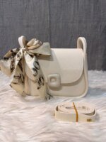 Trendy Mini Crossbody Bag for Women with Silk Scarf – Stylish Flap Shoulder Purse in Cream, Beige & Pink - Image 2
