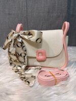 Trendy Mini Crossbody Bag for Women with Silk Scarf – Stylish Flap Shoulder Purse in Cream, Beige & Pink - Image 4