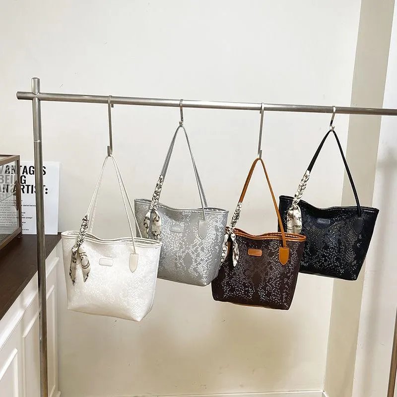 6124895575288253379 Large Tote Bag with Scarf Detail – Stylish Python Texture Shoulder Bag for Women (Brown, White, Silver, Black) - Image 1