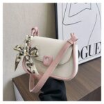 Trendy Mini Crossbody Bag for Women with Silk Scarf – Stylish Flap Shoulder Purse in Cream, Beige & Pink - Image 7