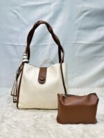 Stylish Women’s Leather Shoulder Bag Set with Matching Pouch – Elegant Tote Handbag in Black, Cream & Brown - Image 3