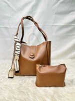 Stylish Women’s Leather Shoulder Bag Set with Matching Pouch – Elegant Tote Handbag in Black, Cream & Brown - Image 4