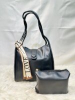 Stylish Women’s Leather Shoulder Bag Set with Matching Pouch – Elegant Tote Handbag in Black, Cream & Brown - Image 2