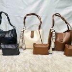 Stylish Women’s Leather Shoulder Bag Set with Matching Pouch – Elegant Tote Handbag in Black, Cream & Brown