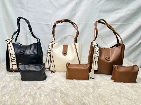 Stylish Women’s Leather Shoulder Bag Set with Matching Pouch – Elegant Tote Handbag in Black, Cream & Brown