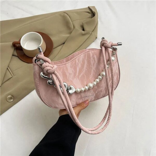Elegant Mini Shoulder Bag with Pearl Chain – Trendy Women’s Handbag (White, Pink, Black, Ash)