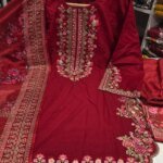 Premium Red Cotton Embroidered 3 Piece Suit for Women | Elegant Black Embroidery Cotton Salwar Kameez with Printed Dupatta