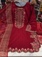 Premium Red Cotton Embroidered 3 Piece Suit for Women | Elegant Black Embroidery Cotton Salwar Kameez with Printed Dupatta