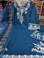 Premium Blue Cotton Embroidered 3 Piece Suit for Women | Elegant Cotton Salwar Kameez with Printed Dupatta - Image 3