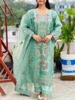 Premium Mint Green Embroidered Three Piece Salwar Kameez Set for Women | Elegant Pakistani Party Wear Dress - Image 3
