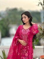 Vibrant Fuchsia Embroidered Organza Salwar Kameez Set - Image 2
