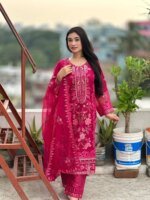 Vibrant Fuchsia Embroidered Organza Salwar Kameez Set - Image 4