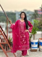 Vibrant Fuchsia Embroidered Organza Salwar Kameez Set - Image 6