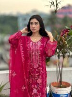 Vibrant Fuchsia Embroidered Organza Salwar Kameez Set - Image 5
