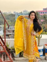 Premium Mustard Yellow Embroidered Three Piece Salwar Kameez Set for Women | Elegant Party Wear Pakistani Style Dress - Image 3