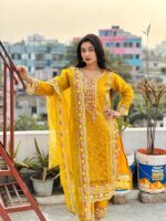 Premium Mustard Yellow Embroidered Three Piece Salwar Kameez Set for Women | Elegant Party Wear Pakistani Style Dress - Image 6