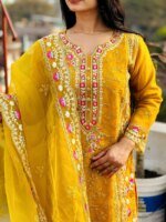 Premium Mustard Yellow Embroidered Three Piece Salwar Kameez Set for Women | Elegant Party Wear Pakistani Style Dress - Image 4
