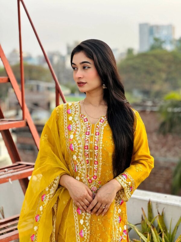 Premium Mustard Yellow Embroidered Three Piece Salwar Kameez Set for Women | Elegant Party Wear Pakistani Style Dress
