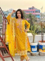 Premium Mustard Yellow Embroidered Three Piece Salwar Kameez Set for Women | Elegant Party Wear Pakistani Style Dress - Image 5
