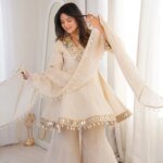 Premium Ivory Star Georgette Sharara Set for Women | Embroidery & Mirror Work 3 Piece Party Wear Dress