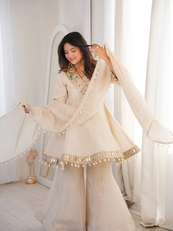 Premium Ivory Star Georgette Sharara Set for Women | Embroidery & Mirror Work 3 Piece Party Wear Dress
