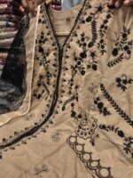 Premium Beige Cotton Embroidered 3 Piece Suit for Women | Elegant Black Embroidery Cotton Salwar Kameez with Printed Dupatta - Image 3