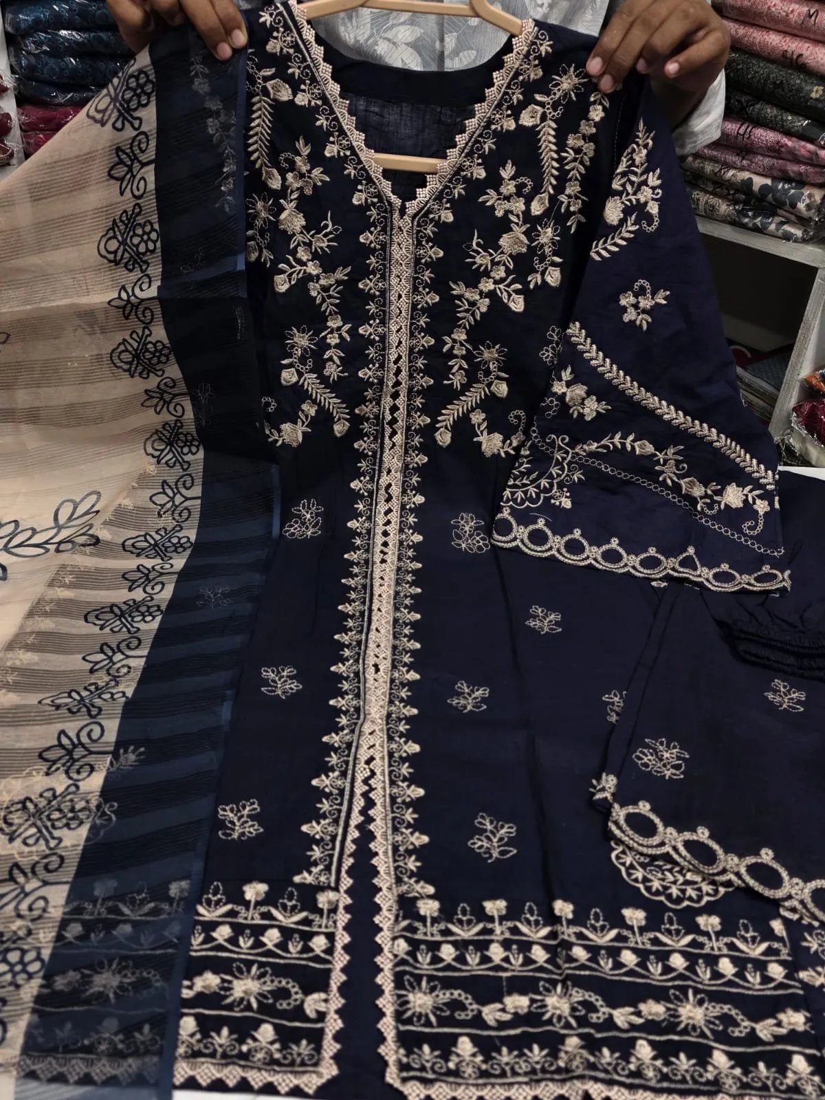 8709ad76-2d33-4c1e-a482-f6ffb81477d4 Premium Navy Blue Cotton Embroidered 3 Piece Suit for Women | Elegant Cotton Salwar Kameez with Embroidered Dupatta - Image 1
