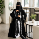 Exclusive Rose Arabian Borka 3-Piece Set - Original Dubai Fabric & Embroidery (Koti, Inner & Hijab)