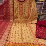 Boutique Mustard Cinigura Cotton 3 Piece Dress for Women | Premium Embroidered Salwar Kameez Set with Printed Dupatta
