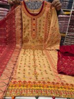 Boutique Mustard Cinigura Cotton 3 Piece Dress for Women | Premium Embroidered Salwar Kameez Set with Printed Dupatta