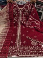 Premium Red Cotton Embroidered 3 Piece Suit for Women | Elegant Cotton Salwar Kameez with Embroidered Dupatta