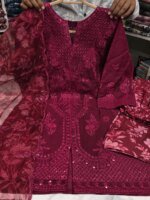 Premium Wine Cotton Sequin Embroidered 3 Piece Suit for Women | Luxury Cotton Salwar Kameez with Printed Dupatta - Image 2