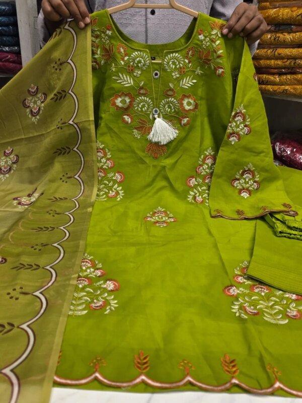 Premium Greem Cotton Embroidered 3 Piece Suit for Women | Floral Embroidery Salwar Kameez with Matching Dupatta