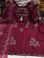 Premium Maroon Cotton Embroidered 3 Piece Suit for Women | Floral Embroidery Salwar Kameez with Matching Dupatta - Image 2