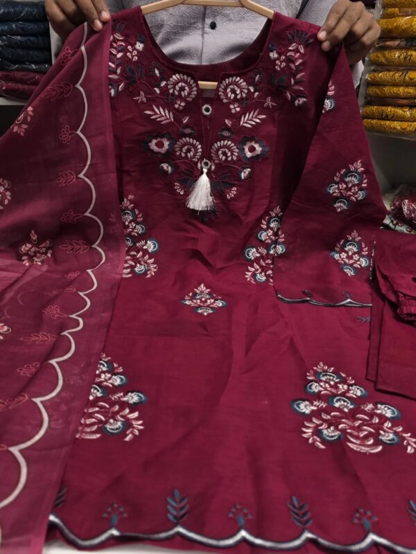 Premium Maroon Cotton Embroidered 3 Piece Suit for Women | Floral Embroidery Salwar Kameez with Matching Dupatta