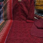 Premium Maroon Cotton Embroidered 3 Piece Suit for Women | Schiffli Embroidery Salwar Kameez with Printed Dupatta