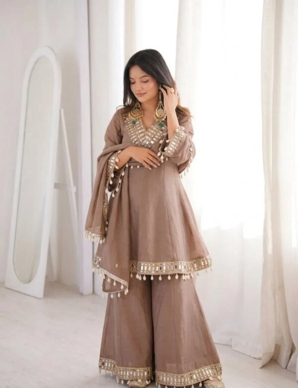 Premium Ivory Star Georgette Sharara Set for Women | Embroidery & Mirror Work 3 Piece Party Wear Dress