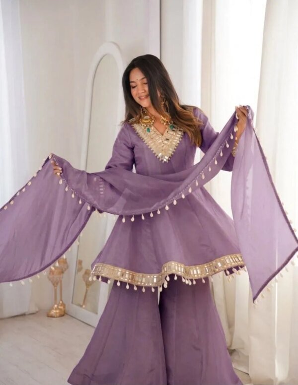 Premium Ivory Star Georgette Sharara Set for Women | Embroidery & Mirror Work 3 Piece Party Wear Dress