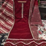 Premium Red Cotton Embroidered 3 Piece Suit for Women | Elegant Black Embroidery Cotton Salwar Kameez with Printed Dupatta