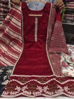 Premium Red Cotton Embroidered 3 Piece Suit for Women | Elegant Black Embroidery Cotton Salwar Kameez with Printed Dupatta