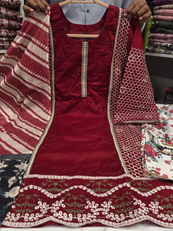 Premium Red Cotton Embroidered 3 Piece Suit for Women | Elegant Black Embroidery Cotton Salwar Kameez with Printed Dupatta