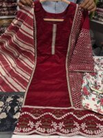 Premium Red Cotton Embroidered 3 Piece Suit for Women | Elegant Black Embroidery Cotton Salwar Kameez with Printed Dupatta - Image 5