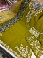 Premium Olive Green Cotton Embroidered 3 Piece Suit for Women | Elegant Cotton Salwar Kameez with Printed Dupatta - Image 2