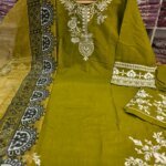 Premium Olive Green Cotton Embroidered 3 Piece Suit for Women | Elegant Cotton Salwar Kameez with Printed Dupatta