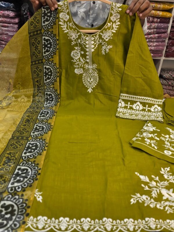 Premium Olive Green Cotton Embroidered 3 Piece Suit for Women | Elegant Cotton Salwar Kameez with Printed Dupatta