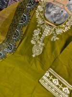 Premium Olive Green Cotton Embroidered 3 Piece Suit for Women | Elegant Cotton Salwar Kameez with Printed Dupatta - Image 3