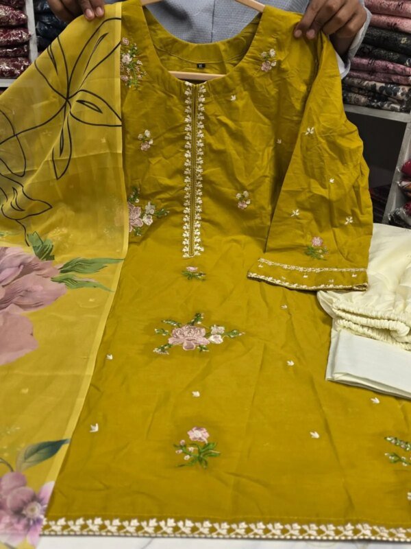 Premium Yellow Cotton Embroidered 3 Piece Suit for Women | Floral Embroidery Cotton Salwar Kameez