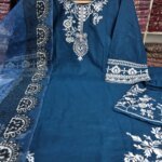 Premium Blue Cotton Embroidered 3 Piece Suit for Women | Elegant Cotton Salwar Kameez with Printed Dupatta