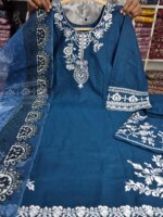 Premium Blue Cotton Embroidered 3 Piece Suit for Women | Elegant Cotton Salwar Kameez with Printed Dupatta
